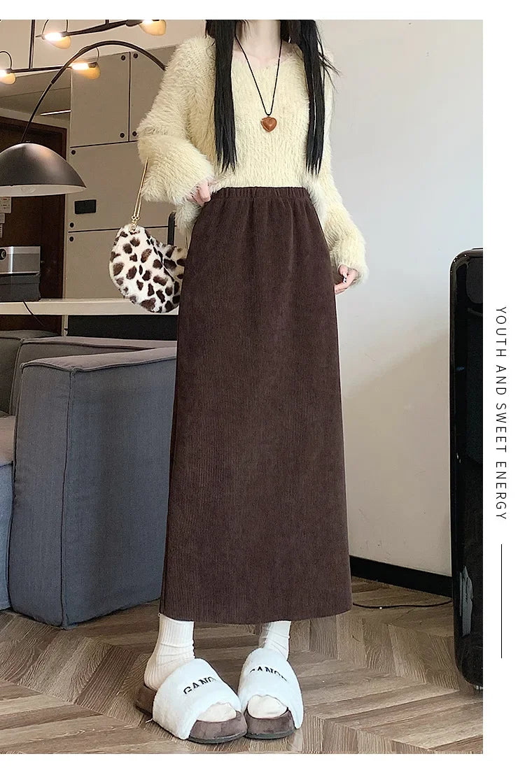 Thickened Fleece-Lined Corduroy Skirt Women's Autumn/Winter 2024 New Medium-Length A- Line Skirt With Side Slit High-Waisted