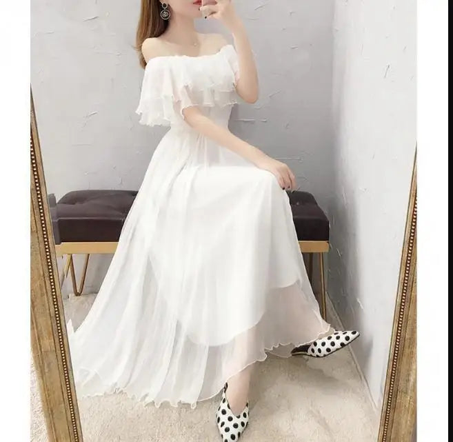 Women's Summer Beach Style Chiffon White Long Dress Lady Graceful Fairy Layers Ruffles Off-Shoulder Dresses Evening Party Gown - Seprincess