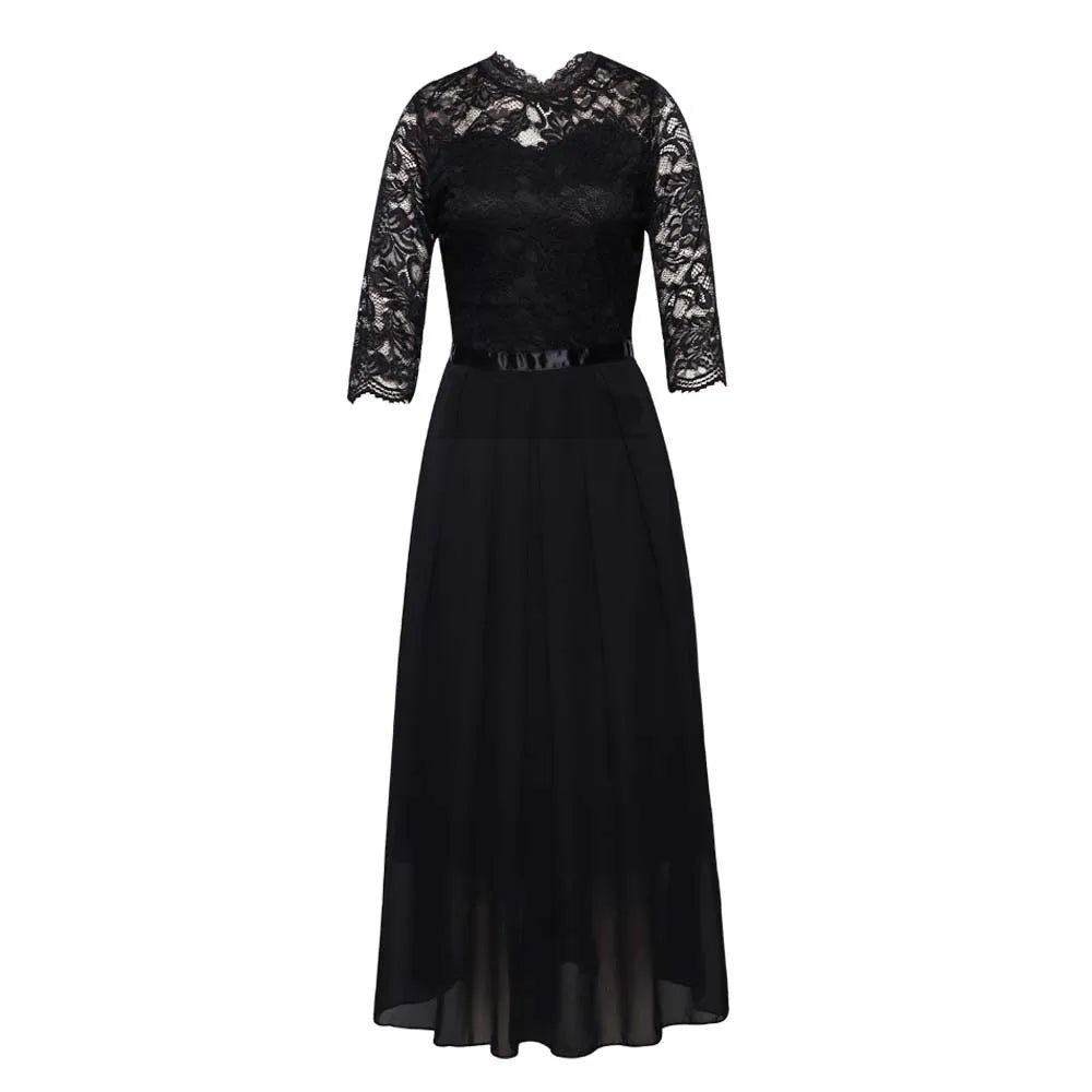 Contrast Lace Pleated Elegant Solid 3/4 Sleeve Party Maxi Formal Evening Dress - Seprincess