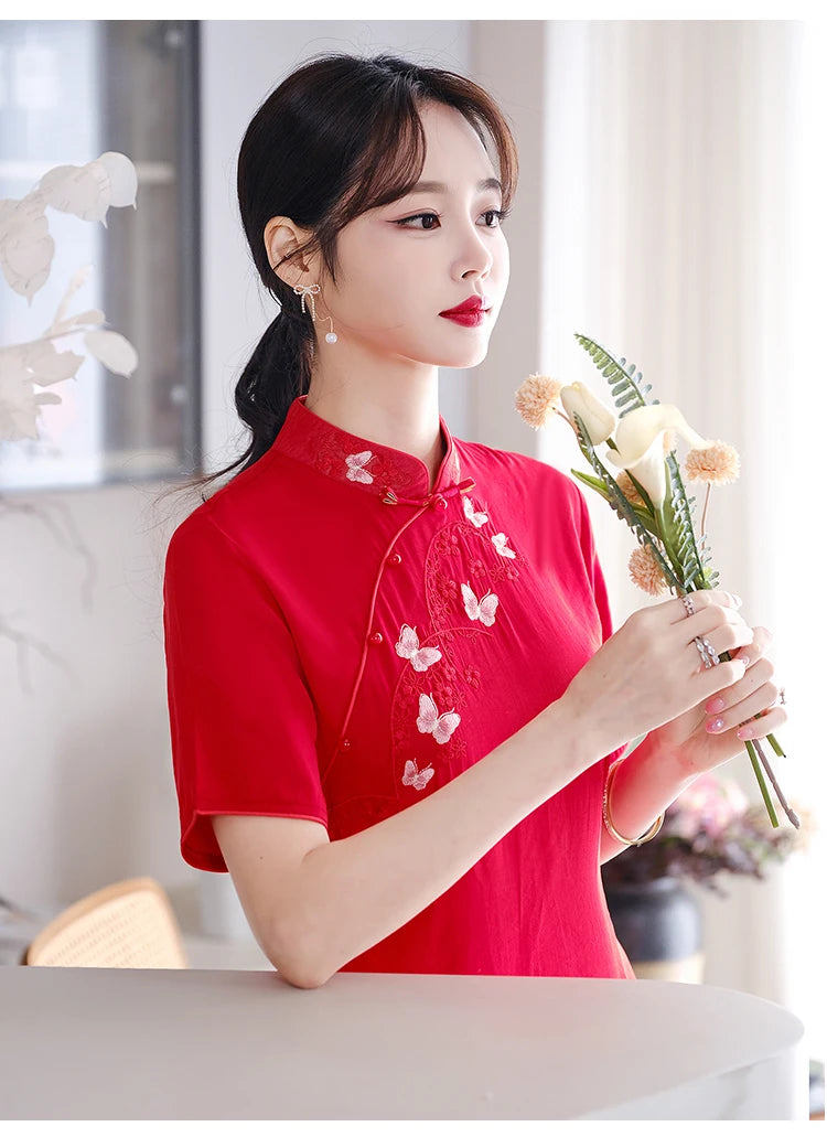 Retro Ethnic Style Chinese Traditional Qipao Dress Fashion Embroidered Improved Red Cheongsam CNY - Seprincess