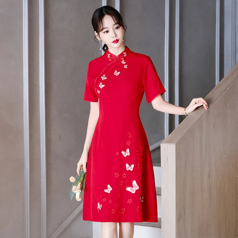 Retro Ethnic Style Chinese Traditional Qipao Dress Fashion Embroidered Improved Red Cheongsam CNY - Seprincess