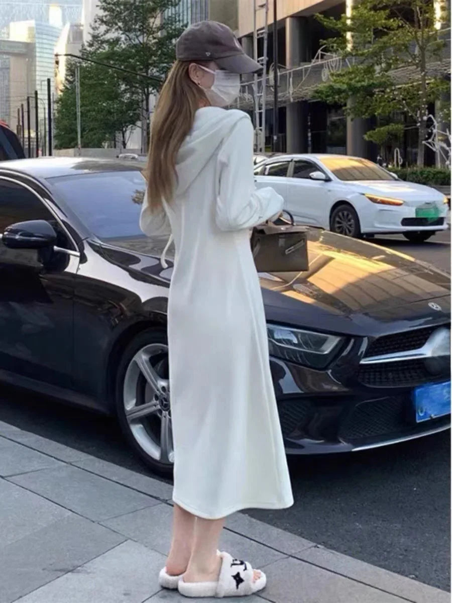 Autumn Collection 2023 New Arrival Women's Long Sleeve Hooded Sweatshirt White High-end Feel Petite Dress - Seprincess