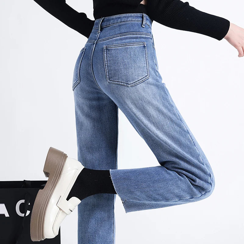 New Straight Denim Jeans Plus Velvet Autumn Winter Micro brushed Edge Elastic Pants High Waist Elastic Fleece Women's Trousers