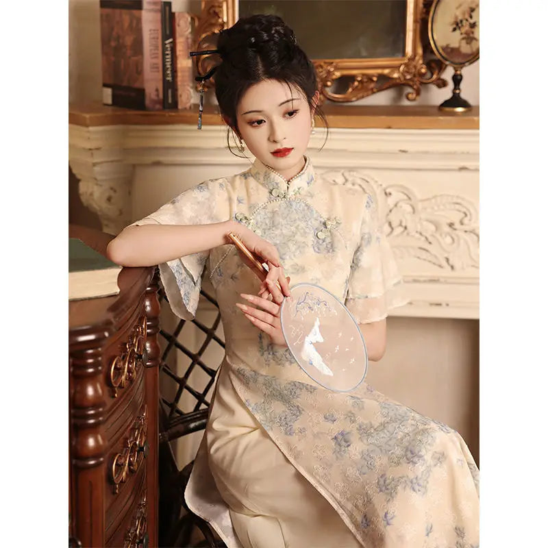 Improved Qipao 2024 New Summer Modern Chinese Style Blue Jacquard Short Sleeve Cheongsam For Women Youth Girls Long Party Dress - Seprincess