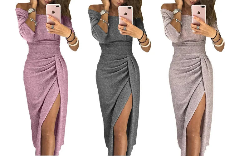 2023 New Women's Off Shoulder Long Sleeve Bodycon Evening Party Long Dress Asymmetrical Split Pencil Dresses S M L XL XXL - Seprincess