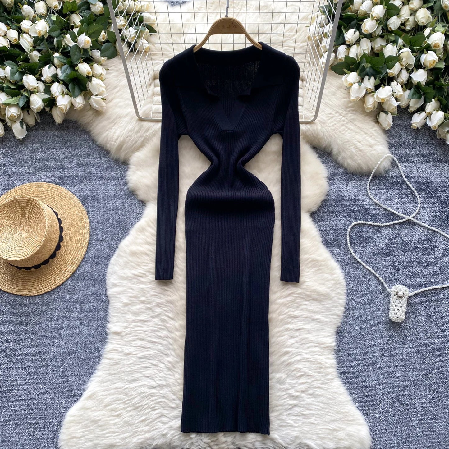 SINGREINY French Vintage Sweater Dress 2024 Ladies Lapel Long Sleeves Autumn Fashion Solid Basics Bodycon Knitted Long Dress