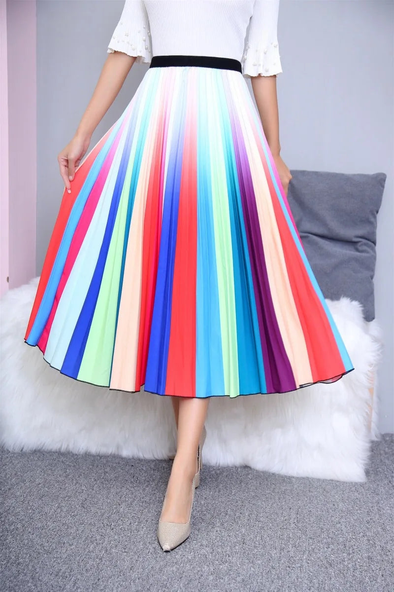 2024 Summer Women Cartoon Print Pleated Skirts A Line High Waisted Elastic Midi Long Skirt Ladies Party Korean Style Dresses