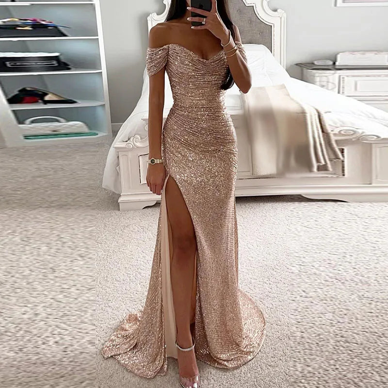 Women Elegant High Slit Cocktails Dress New Lady Party Banquet Slim Sequin Maxi Dress Sexy Slash Neck Glitter Floor-Length Dress - Seprincess