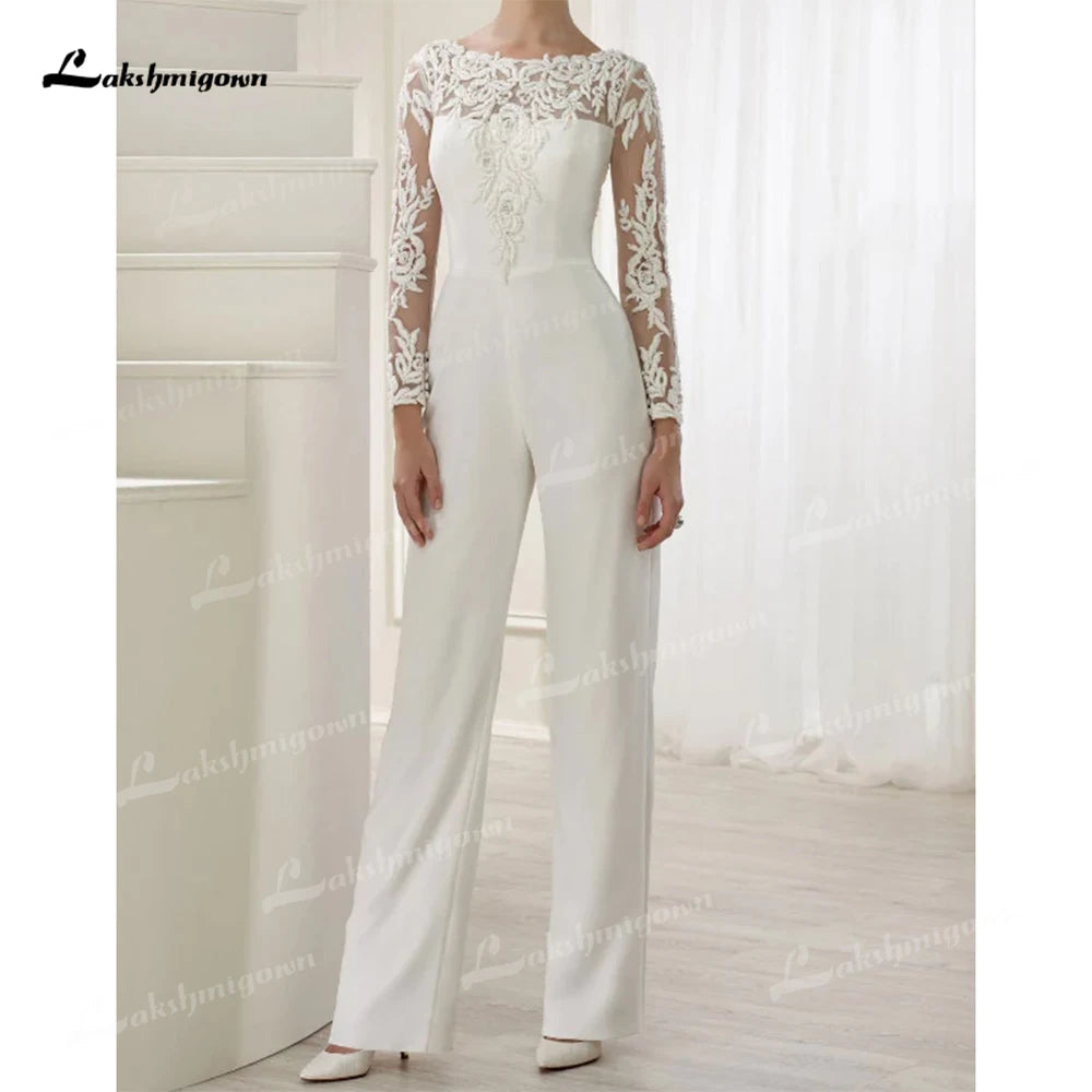 Cheap White Jumpsuits Pants Long Sleeve Wedding Dresses Lace Satin With Overskirts Beads Crystals Plus Size Bridal Gowns Vestido - Seprincess