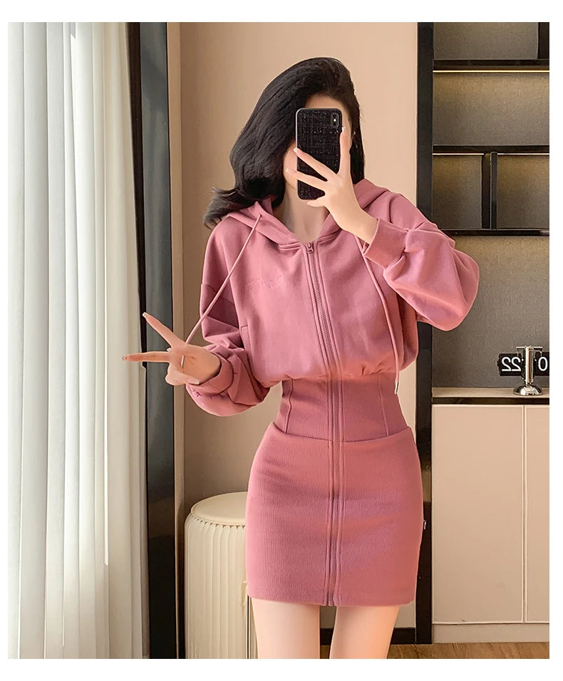 Korean Fashion Hoodie Dress Women Autumn Winter Long Sleeve Cat Ear Mini Dress Bodycon Dress Vestidos - Seprincess