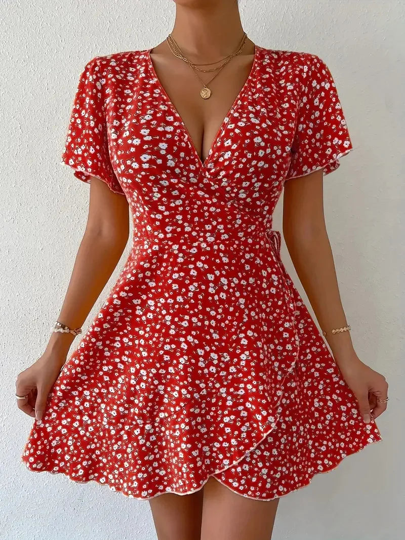 Women Sexy Printed A Line Dress Summer Bohemian V-Neck Short Sleeved Mini Dresses - Seprincess