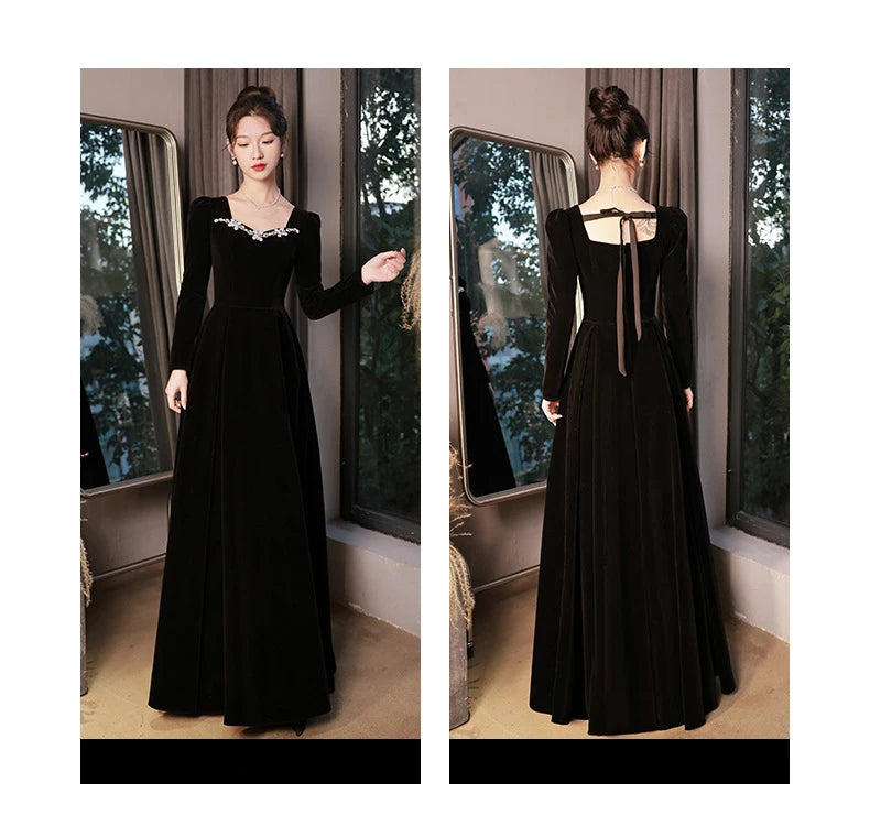 Autumn Winter Black Evening Dress Women Elegant  Luxury Velvet Long Sleeve A-line Party Dresses French Beadding Prom Gown - Seprincess