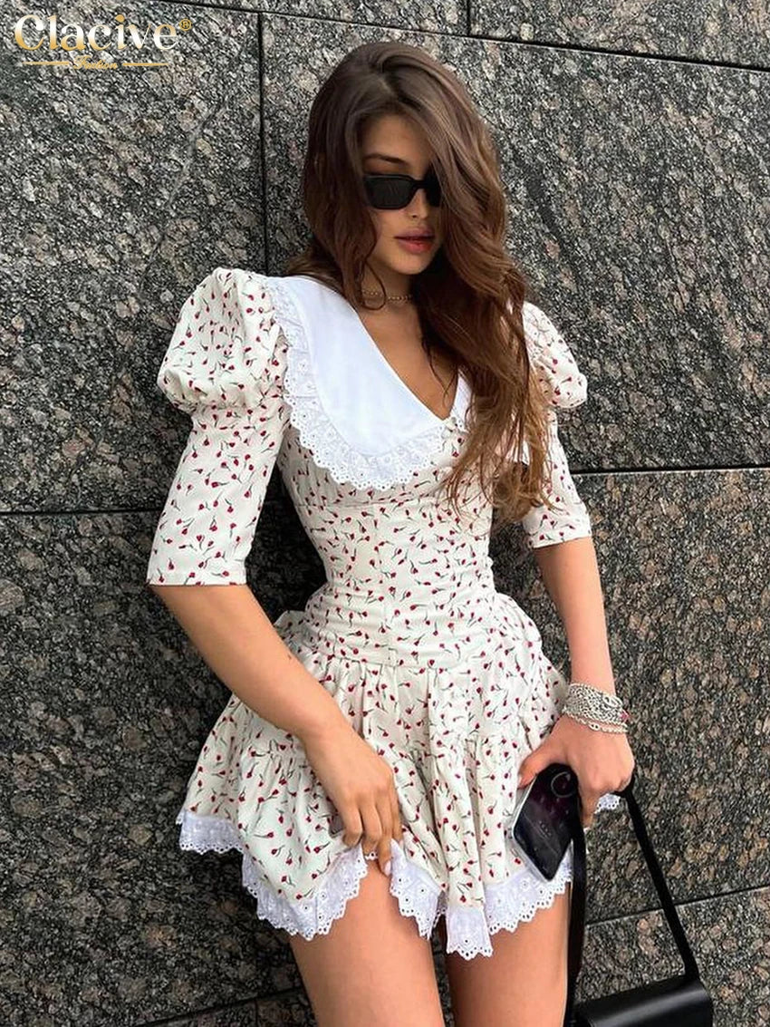 Clacive Summer Slim Print Women'S Dress 2023 Bodycon Doll Collar Short Sleeve Mini Dresses Elegant Lace Patchwork Female Dress - Seprincess