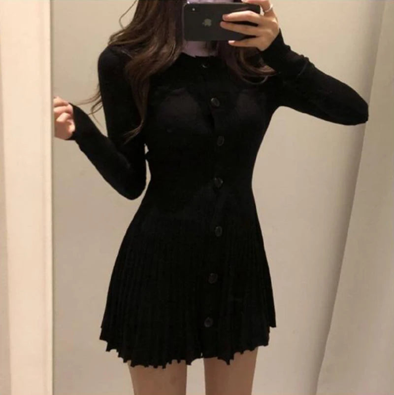 MEXZT Knitted Pleated Mini Dress Women Vintage Black Sweater Dresses Winter Korean Elegant Long Sleeve Pink Bodycon Vestidos New - Seprincess