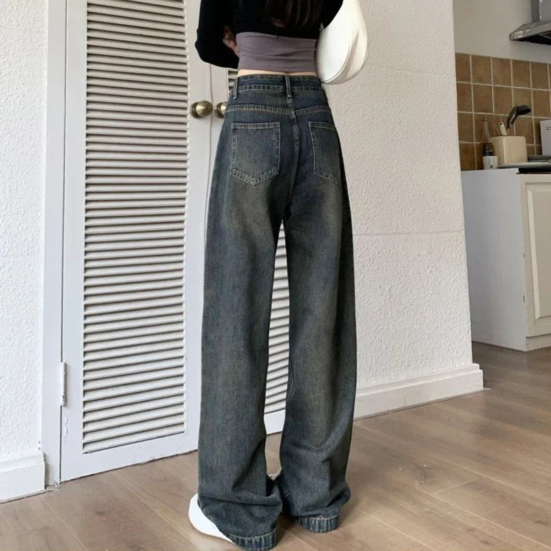 2024 Woman High Waist Vintage Baggy Jeans Lady Streetwear Wide Leg Pants Female Fashion Gray Blue Grey Light Blue Denim Trousers