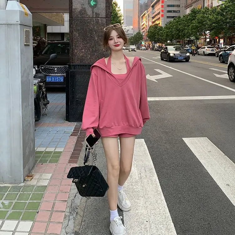 Spring Autumn Korean Version Solid Color V-neck Loose Hooded Coat New Slim Sexy Vest Casual Sweet Two Piece Women Clothing - Seprincess