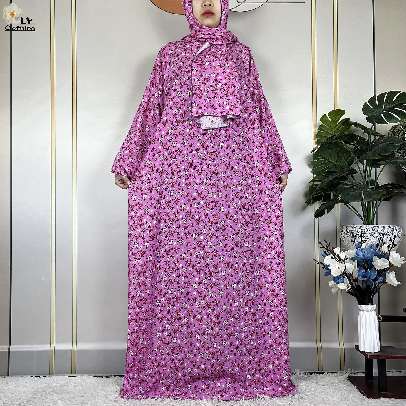 2024Latest Muslim Abayas For Women Ramadan Prayer Maxi Dubai Turkey Femme Cotton Robe Floral Loose African Dress Turban Attached