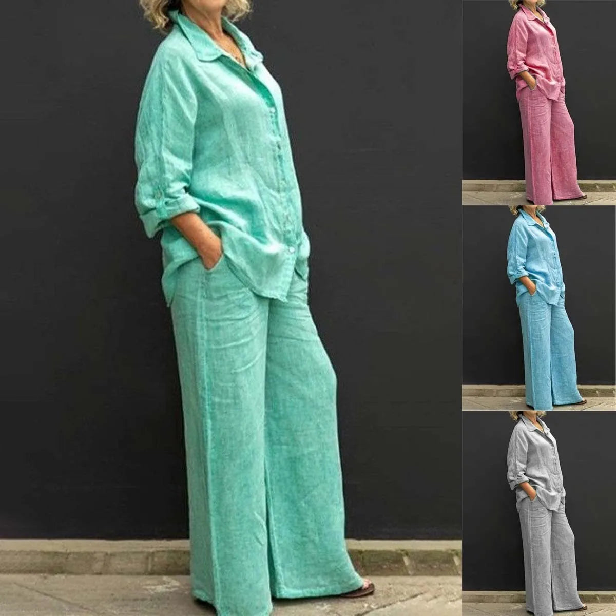 Solid Color Cotton Linen Shirt 2 Piece Set For Women Spring Autumn Long Sleeve Blouse Wide Leg Pants Suits Female Casual Outfits - Seprincess