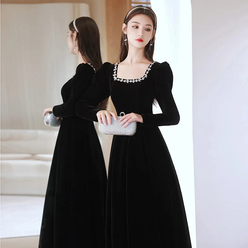 Elegant Beading Square Collar Long Sleeve Black Velour Evening Dress Back Zipper Prom Gowns Cheongsam Robe De Soiree Vestidos - Seprincess