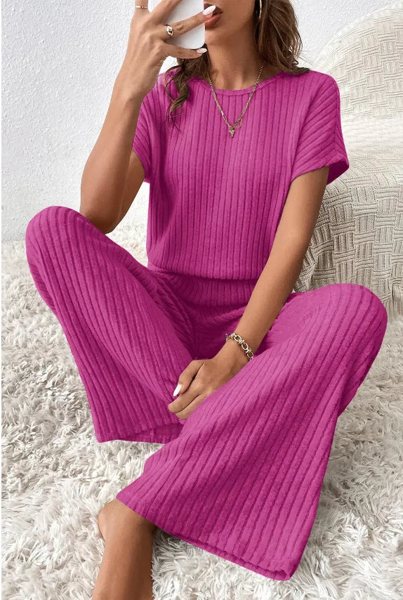 Elegant Short-sleeved Top + Trousers 2-piece Set For Women Fashion Autumn Winter Solid Color Short-sleeved Knitted Suit Female - Seprincess