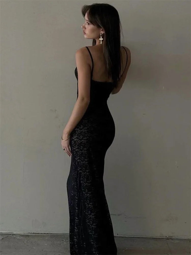 Tossy Lace Hollow Out Backless Maxi Dress Slim V-Neck See-Through High Street Summer Elegant Party Dress Fashion Slim Dress 2023 - Seprincess