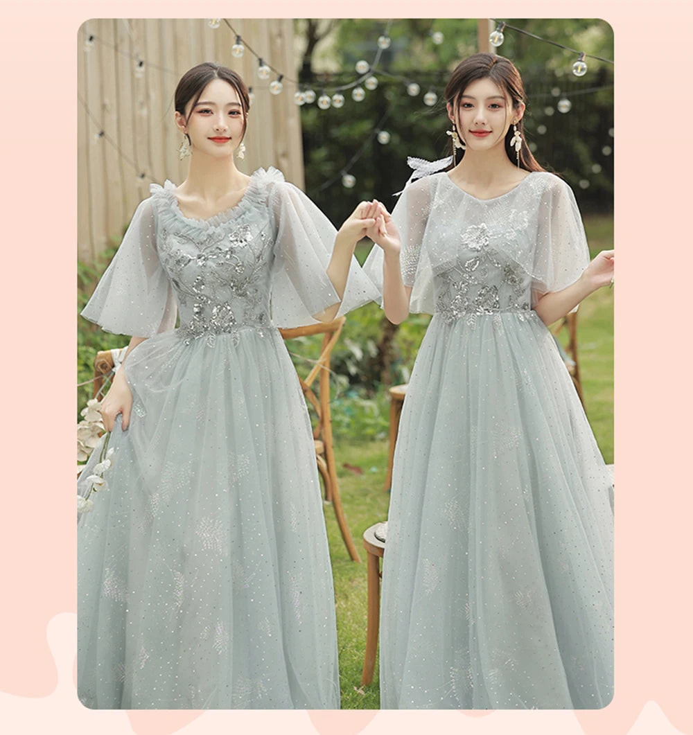 4 Styles Grey Bridesmaid Dress Women's Elegant V-neck Sequins Shawl Collar Slim A-line Gown Light Luxury Wedding Party Vestido - Seprincess