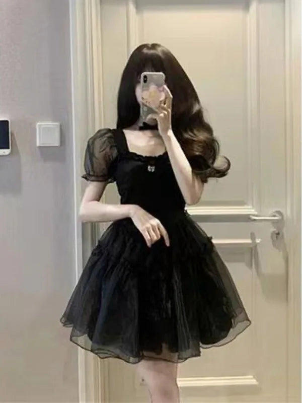 2023 Summer New Black Yarn Dress Fluffy Small Short Square Neck Spicy Girl Sweet Style Small Puff Sleeve Sexy Lovely Short FO30 - Seprincess