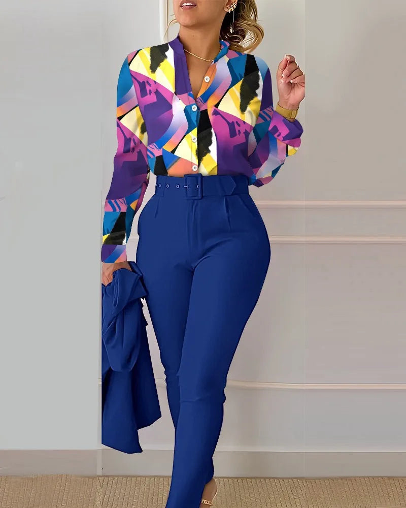 Elegant Women Printed Two Piece Suit Sets Spring Autumn V Neck Long Sleeve Shirt Top & Long Pants Set With Belt Workwear Outfits - Seprincess