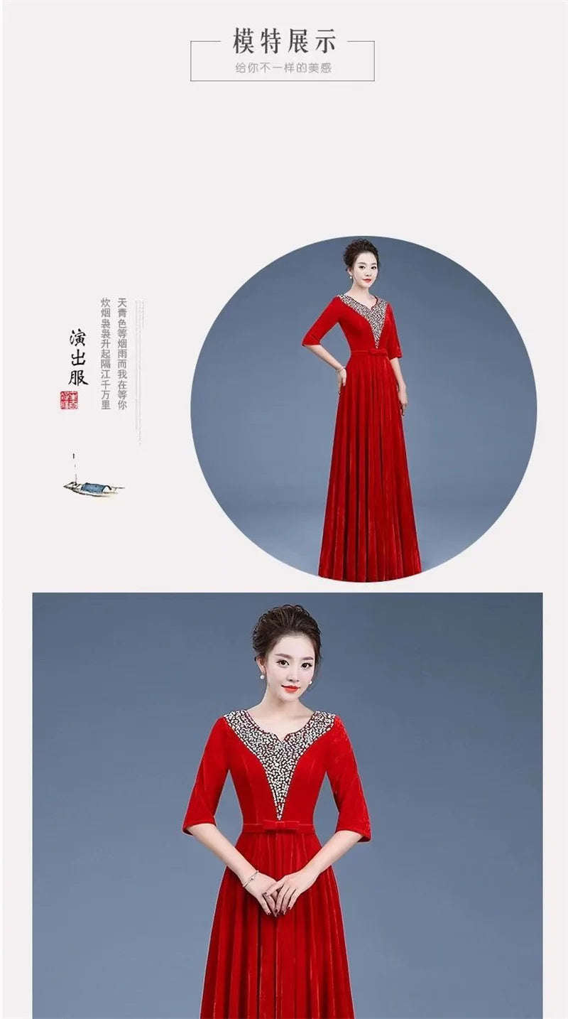 Golden Velvet Chorus Performance Dress New Year Eve Spring Festival Gala Women Chinese Slim Fit Mother Chorus Conductor Clothing - Seprincess