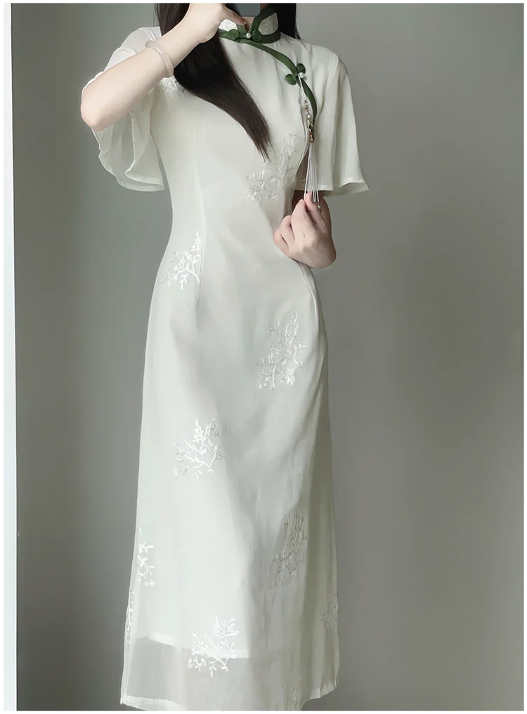 Women White Chiffon Embroidered Inverted Long Sleeve Qipao 2023 Summer New Cheongsam Chinese Style Girl Wen Wan Lady Dress - Seprincess