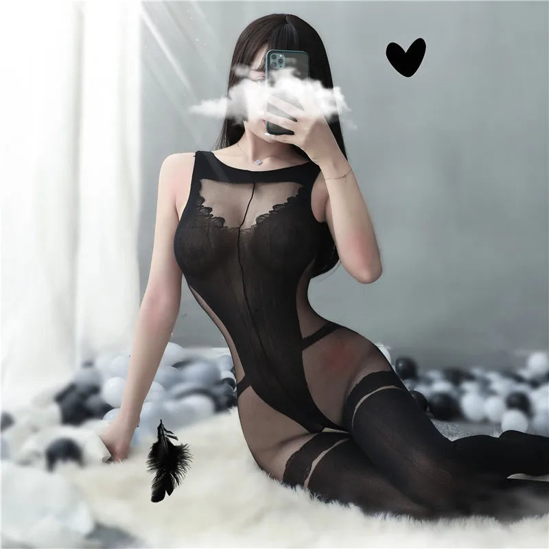 Black Sexy Catsuit Women Erotic Costumes Open Crotch Bodystockings Nylon Tights Transparent Lenceria Erotica Mujer Sexi