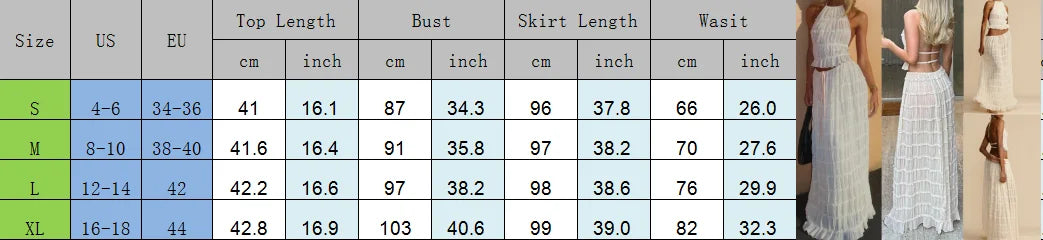 Women Boho Sexy Backless Matching Suit 2 Piece Beach Holiday Outfits Vintage Ruched Halter Cami Tops + Maxi Long Skirt Party - Seprincess