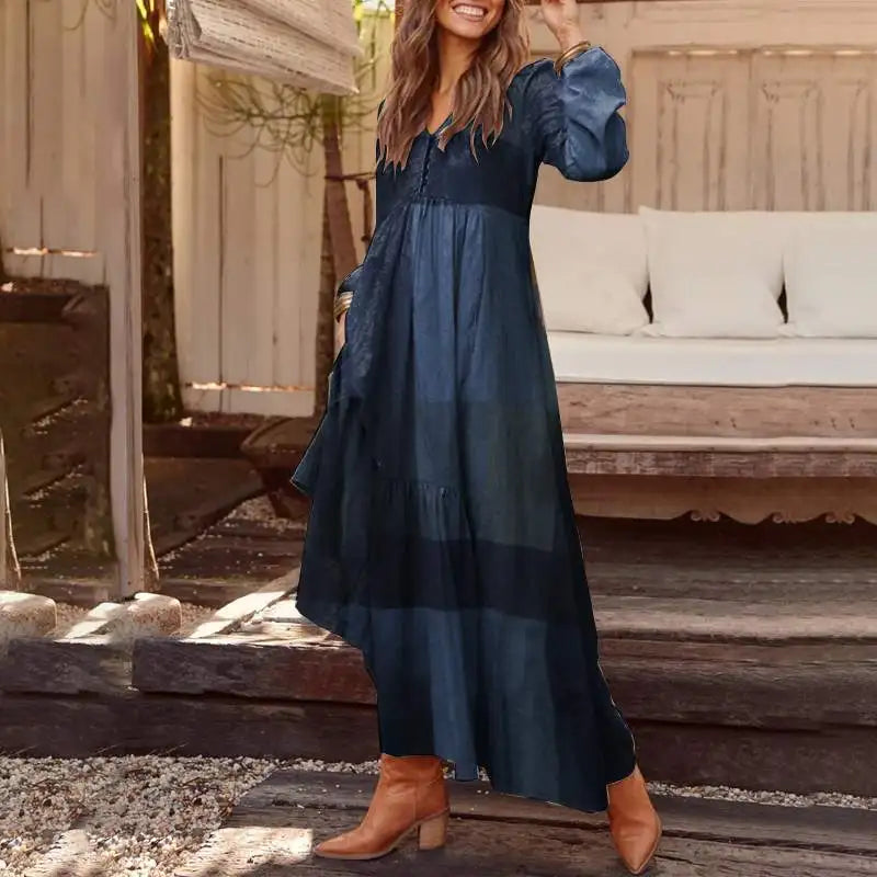 ZANZEA Autumn Long Puff Sleeve Maxi Dress Women Vintage Tiered Plaid Long Robes Fashion Cotton Linen V Neck Vestido Casual Dress - Seprincess