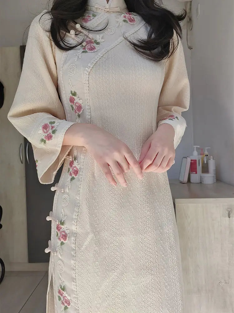 Apricot Cheongsam Qipao Embroidered Long Sleeve 2023 Autumn/Winter New Girls' Improved Daily Party Youth Style Elegant Dress - Seprincess