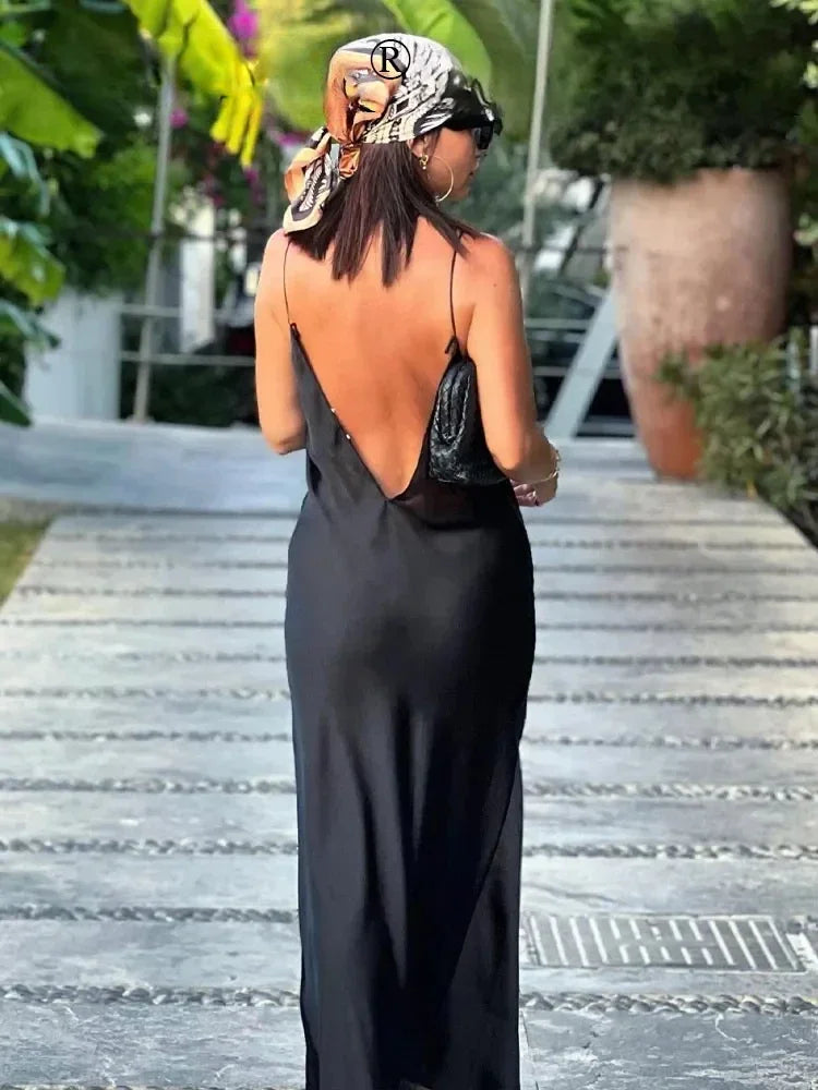 2024 Women Vintage Solid V Neck Sleeveless Backless Dress Female Summer Slim Long Dresses Elegant Evening Dress TRAF - Seprincess