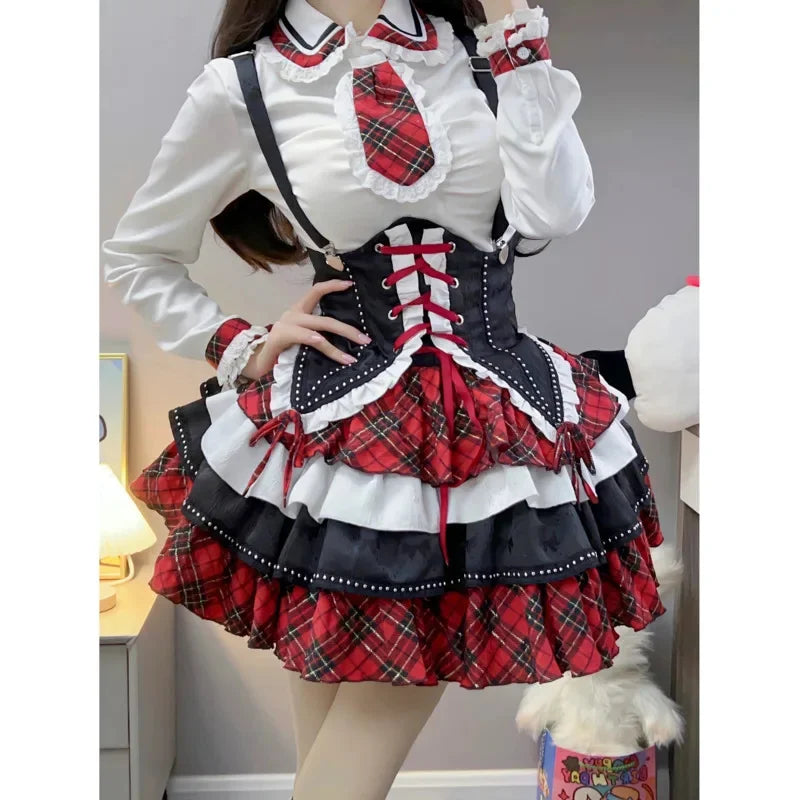 Plaid Patchwork Design Y2k Lolita Dress Sets Halloween Uniform Kawaii Mini Skirt Cosplay Anime Three Pieces Suit For Women - Seprincess