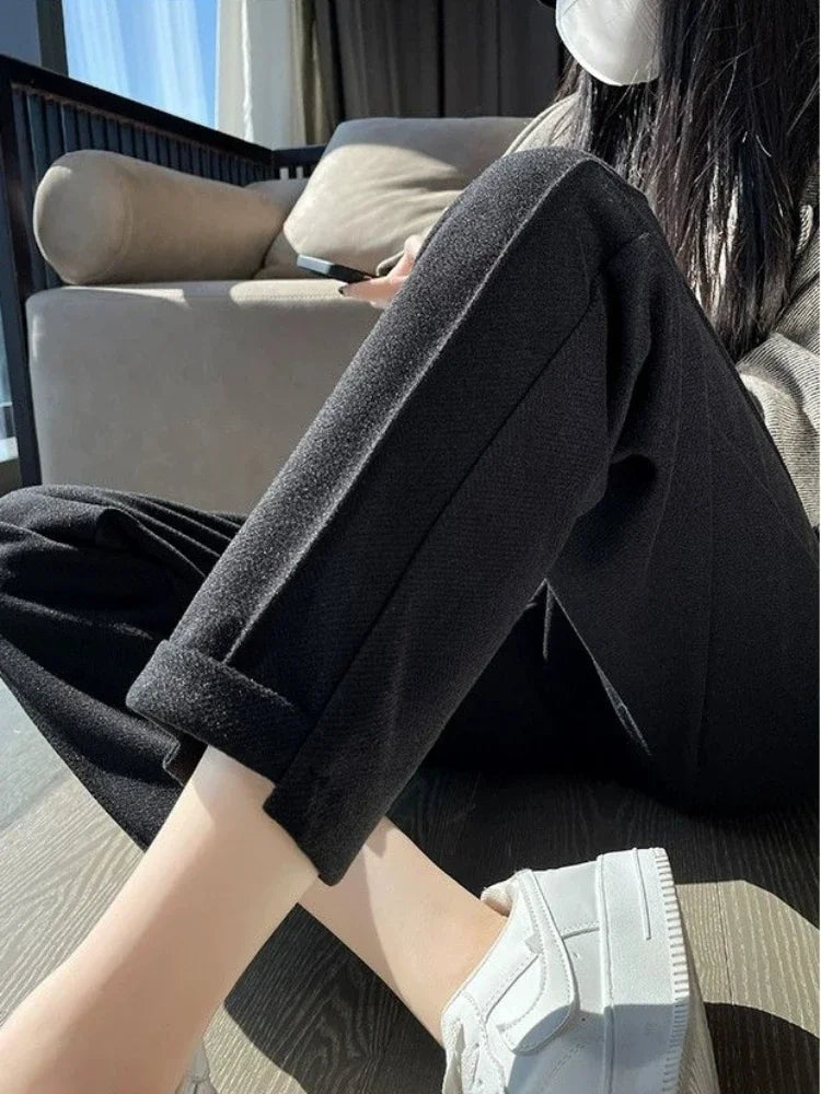 Winter Woolen Pants for Women Thicken Warm Ankle-Length Harem Pants Office Lady Khaki Elastic Waist Fashion Women's Trousers