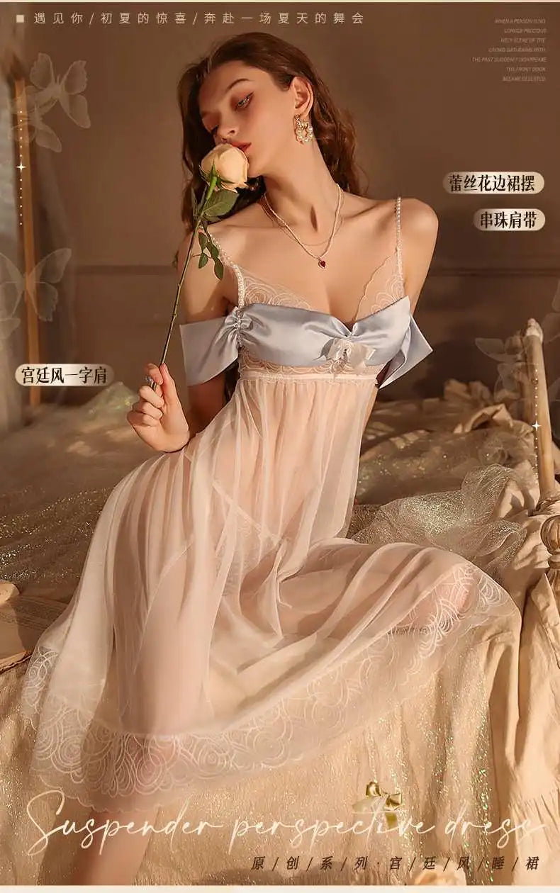 New Design Women's Sexy Spaghetti Strap Transparent Lingerie Dress Lady Honeymoon Fliter Long Sleepdress Goodness Nightgown - Seprincess