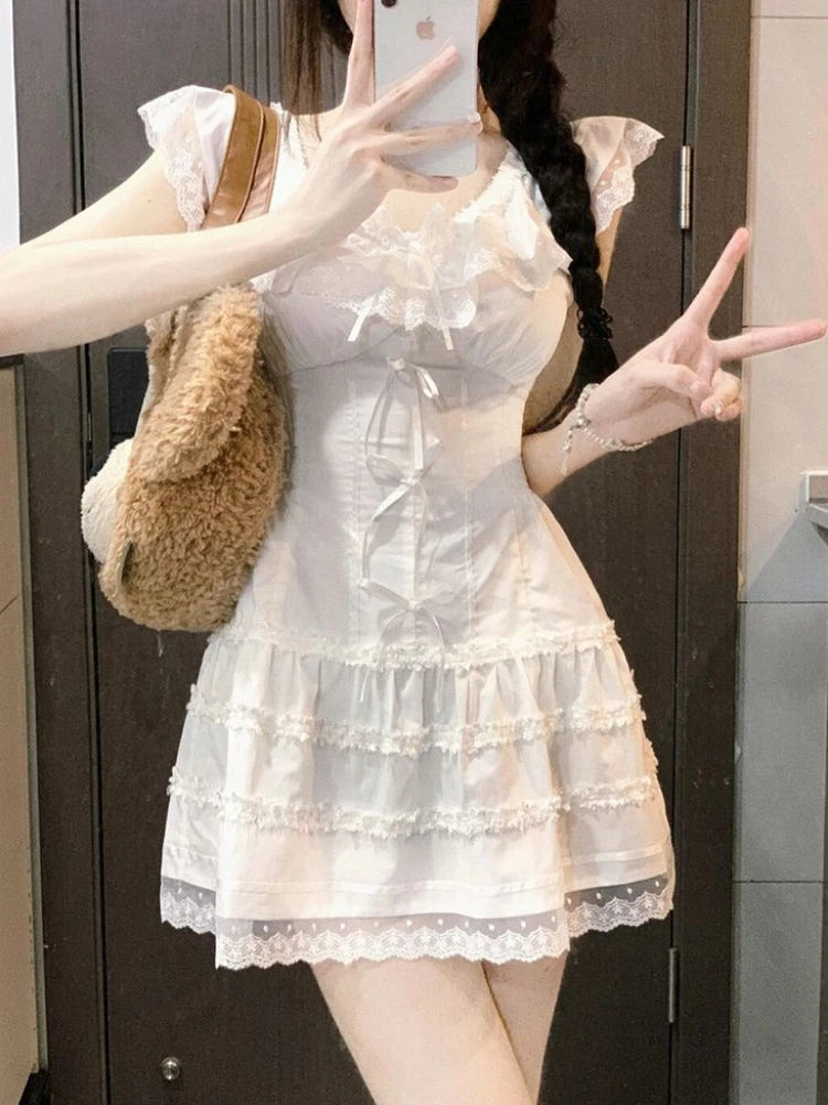 QWEEK Y2k Coquette White Lolita Sweet White Kwaii Cute Mini Dress Women Lace Bow Princess Slip Lace Short Dresses 2024 Fashion - Seprincess