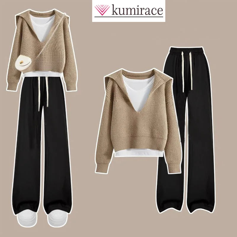 Women's Three Piece Set of Chanel Wide Leg Pants with Lazy Style, V-neck Sweater Vest, Autumn/winter 2024 New Outfit Pant Sets - Seprincess