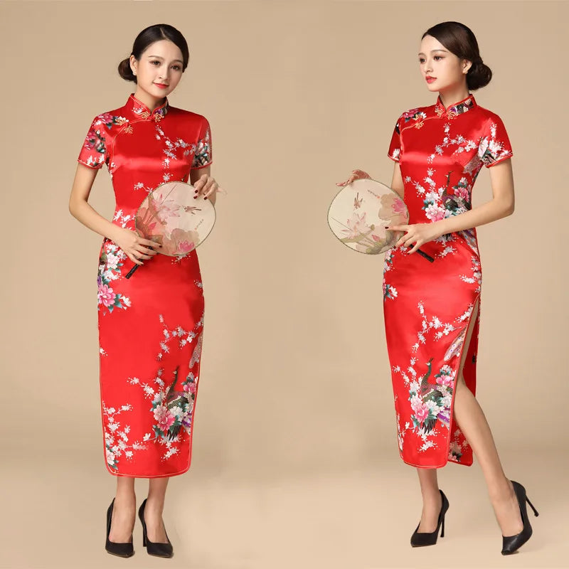 Sexy Cheongsam Chinese Tradition Style Dress Print Satin Qipao Lady Elegant Dresses Summer New Long Qipaos Plus Size 4Xl5Xl6Xl - Seprincess