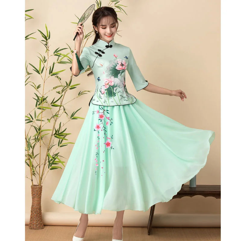 2023 Two Piece Cheongsam Chinese Dress Elegant Vintage Floral Print Modern Cheongsam Women Daily Qipao Dress Traditional Clothes - Seprincess