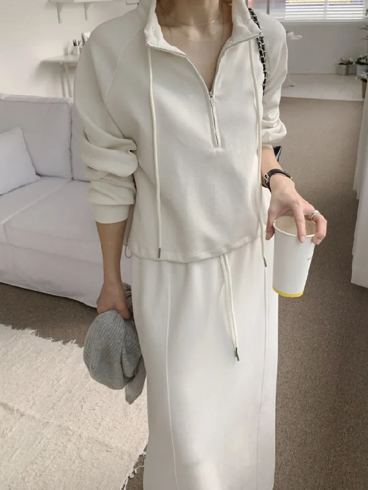 Autumn Casual Two Piece Set Women Outfits Stand Collar Drawstring Long Sleeved Top Sweatshirts + Skirt Loose 2 Piecce Suits - Seprincess