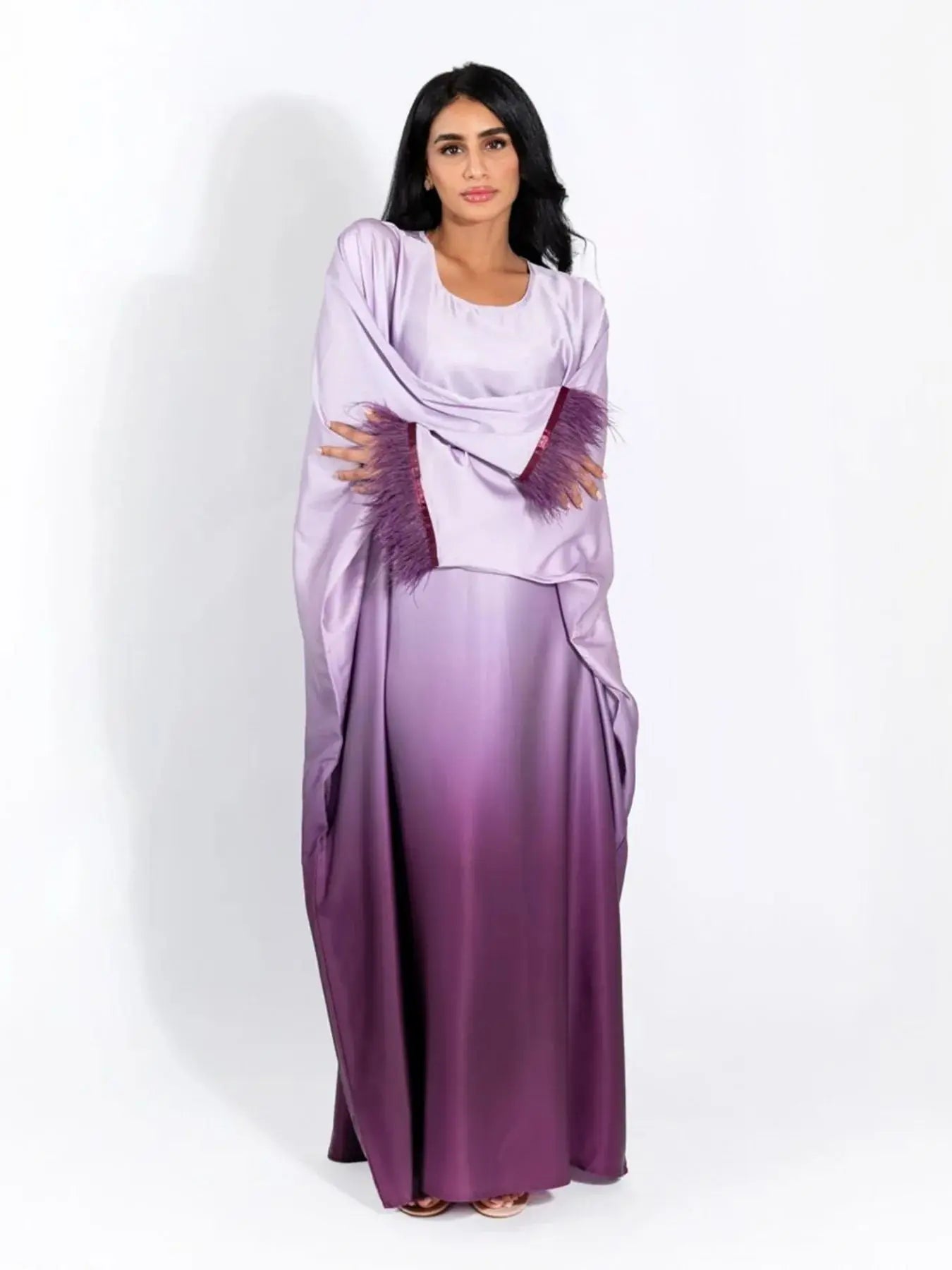 Fashion Shiny Feather Cuff Muslim Dress Robe Female Full Length Soft Butterflies Abaya Muslim Dress Worship Service Abaya wy2073 - Seprincess