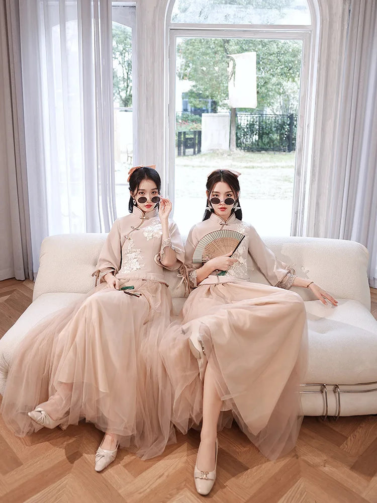 Chinese Wedding Dresses Qipao Traditional Bridesmaid Elegant Khaki Pink Cheongsam Modern Three Quarter Sleeves Outfits for Girls - Seprincess