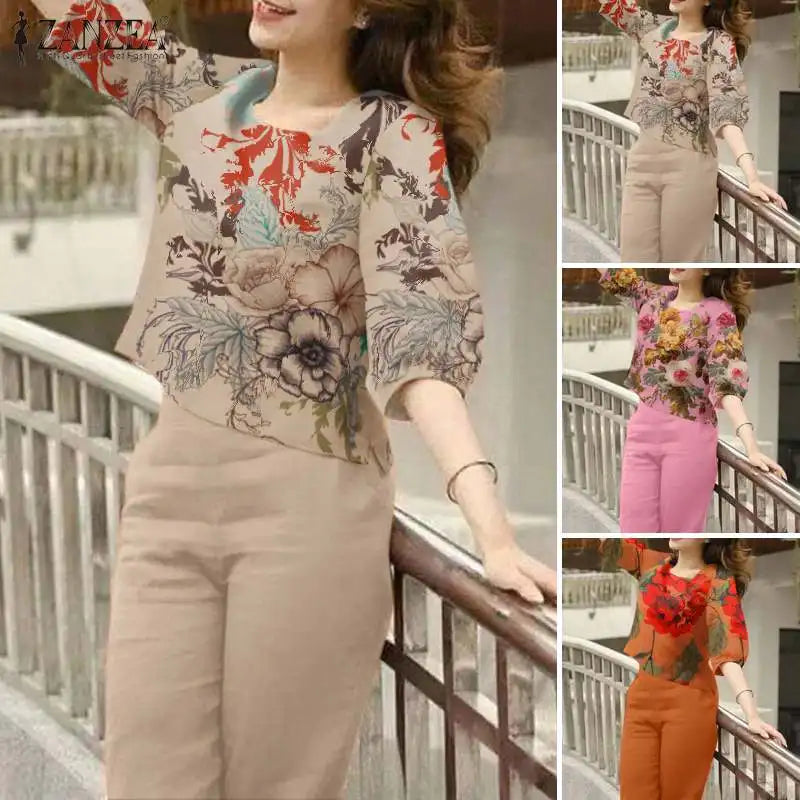 2024 Summer Floral Tracksuits ZANZEA Bohemain Female Blouse Pant Sets Women Fashion Printed Matching Sets Elegant OL Work Suits - Seprincess