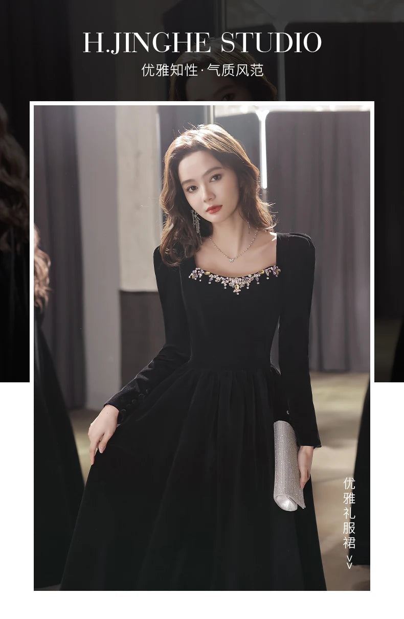 Black evening dress, high-end luxury and niche art test host, French high-end dress can usually wear long sleeves at the annual - Seprincess