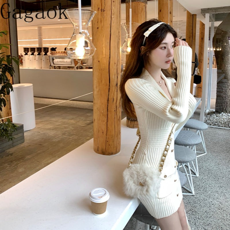 Gagaok Knitted Dress Women Spring Autumn New Solid Laple Full Pockets Mini Bodycon Dresses Slim Korean Winter Bottom Vestidos - Seprincess