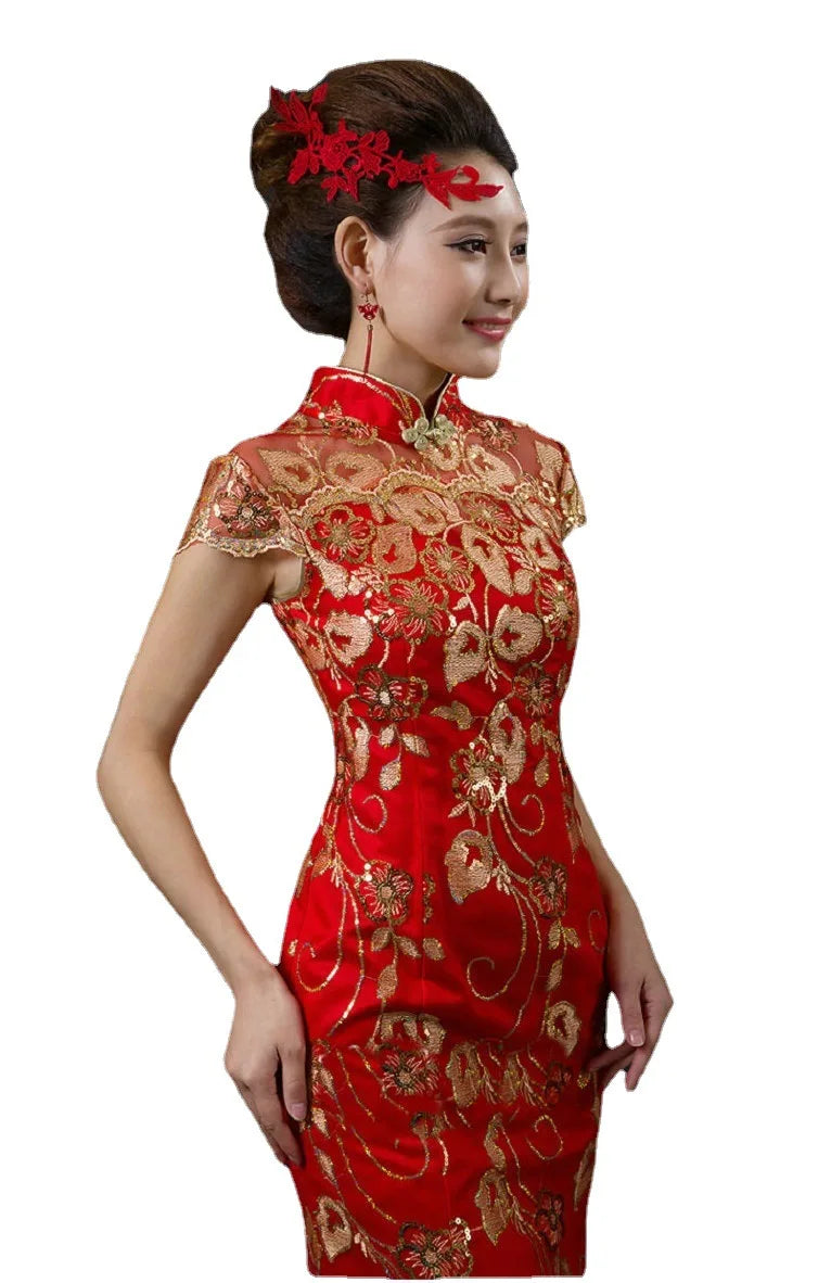 Red Chinese Wedding Dress Female Long Short Sleeve Cheongsam Gold Slim Chinese Traditional Dress Women Qipao for Wedding Party - Seprincess