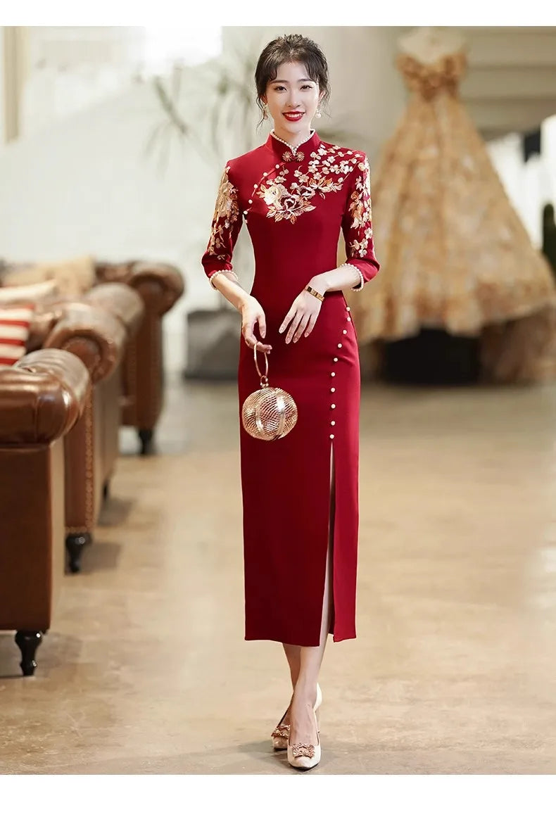 Burgundy Wedding Cheongsam Engagement Dress New Chinese Qipao Toast Clothes Retro Mandarin Collar Improved Sexy Slit Slim Dress - Seprincess